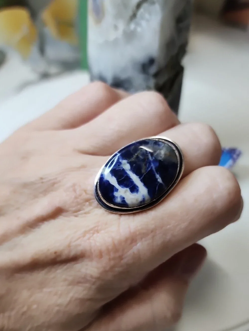 Blue and White Sodalite Oval Stone Ring - Women's Jewelry